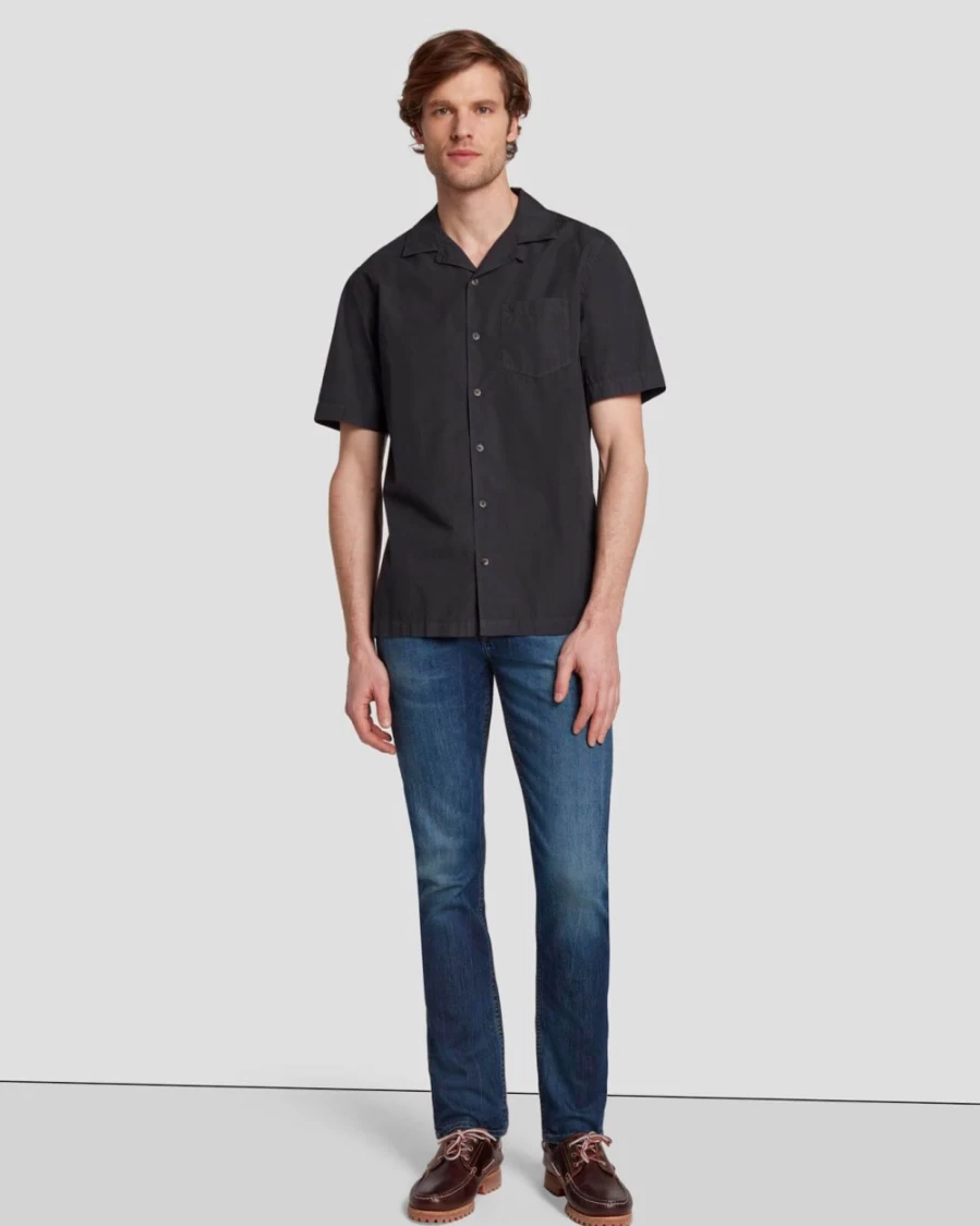 7 For All Mankind Men's Navy Camp Shirt - Casual Short Sleeve Button-Up Top