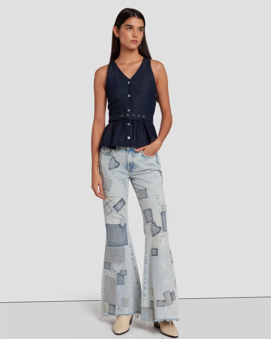 7 For All Mankind Women's Low Rise Flare Jeans in Iris Patchwork Design - Tailorless Fit