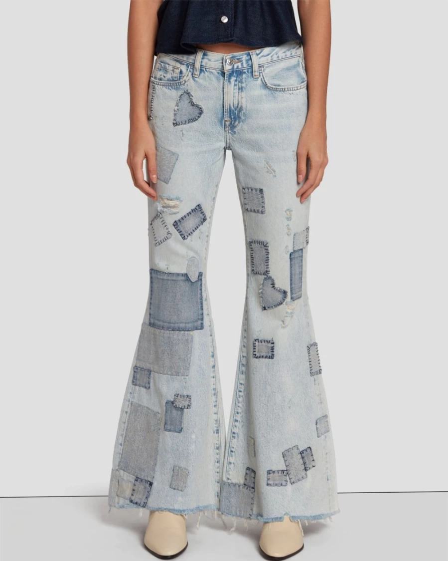 7 For All Mankind Women's Low Rise Flare Jeans in Iris Patchwork Design - Tailorless Fit