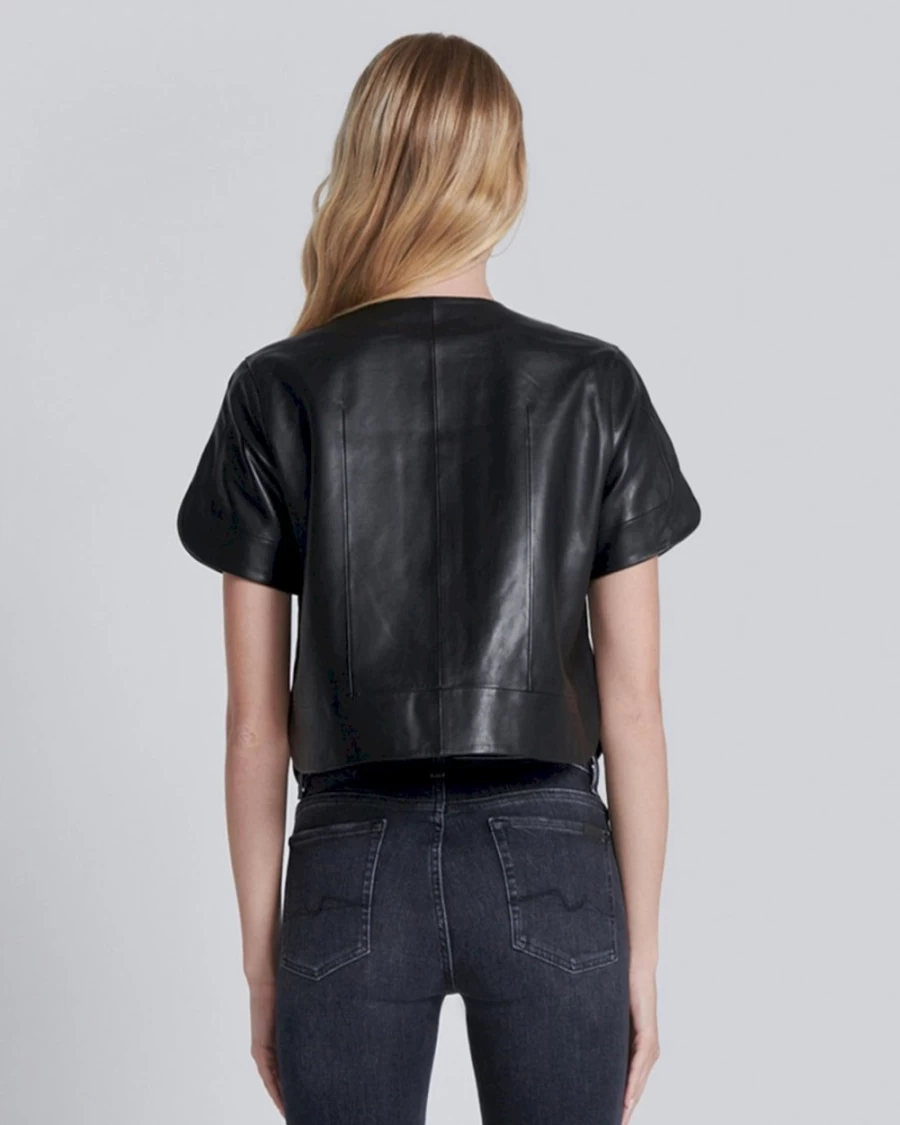 7 For All Mankind Women's Black Cropped Short Sleeve Leather Jacket