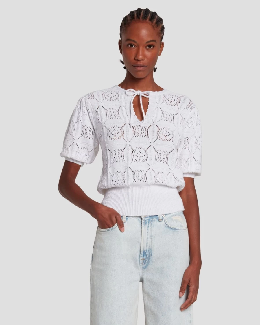 7 For All Mankind Women's Bright White Crochet Short Sleeve Sweater