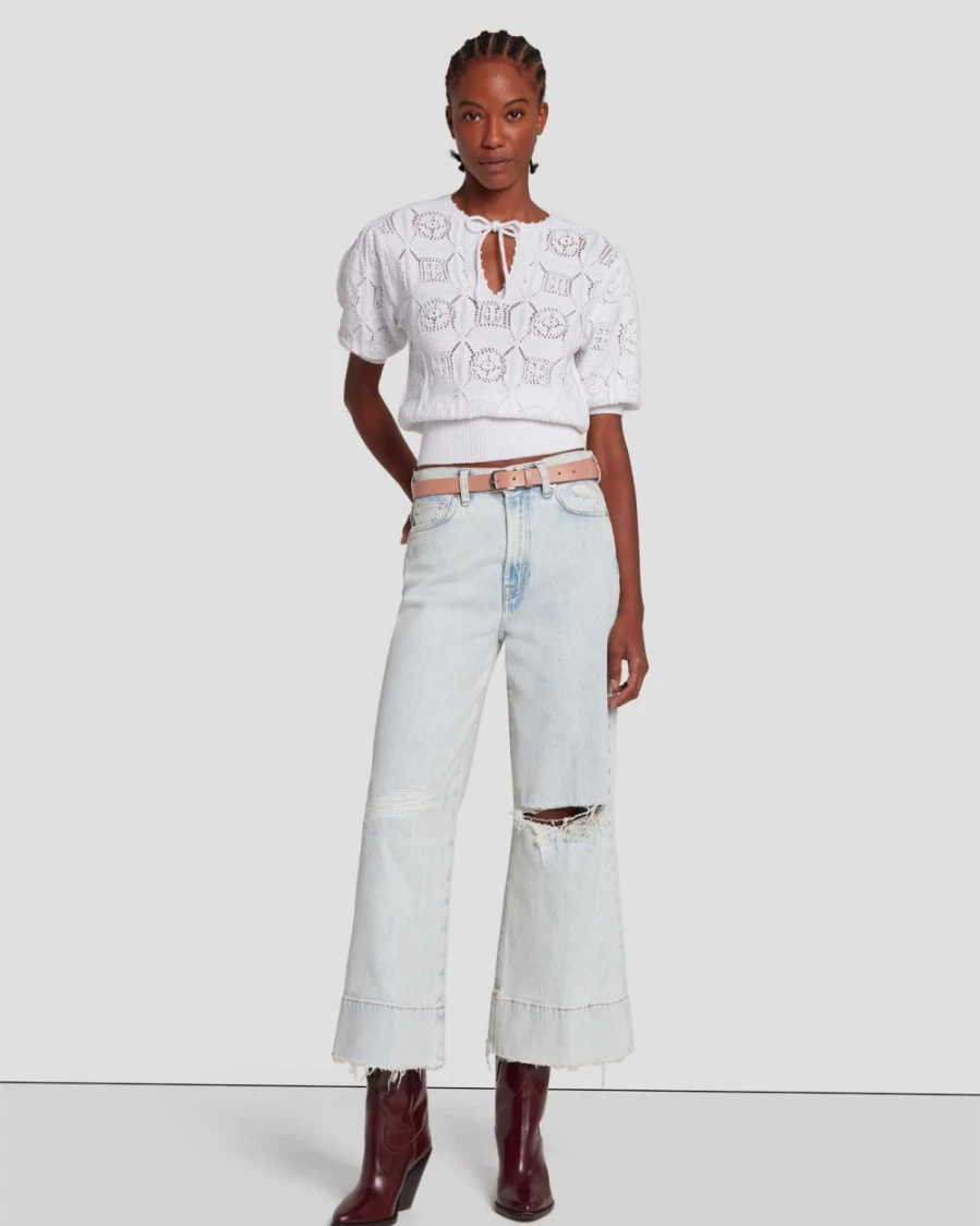 7 For All Mankind Women's Bright White Crochet Short Sleeve Sweater