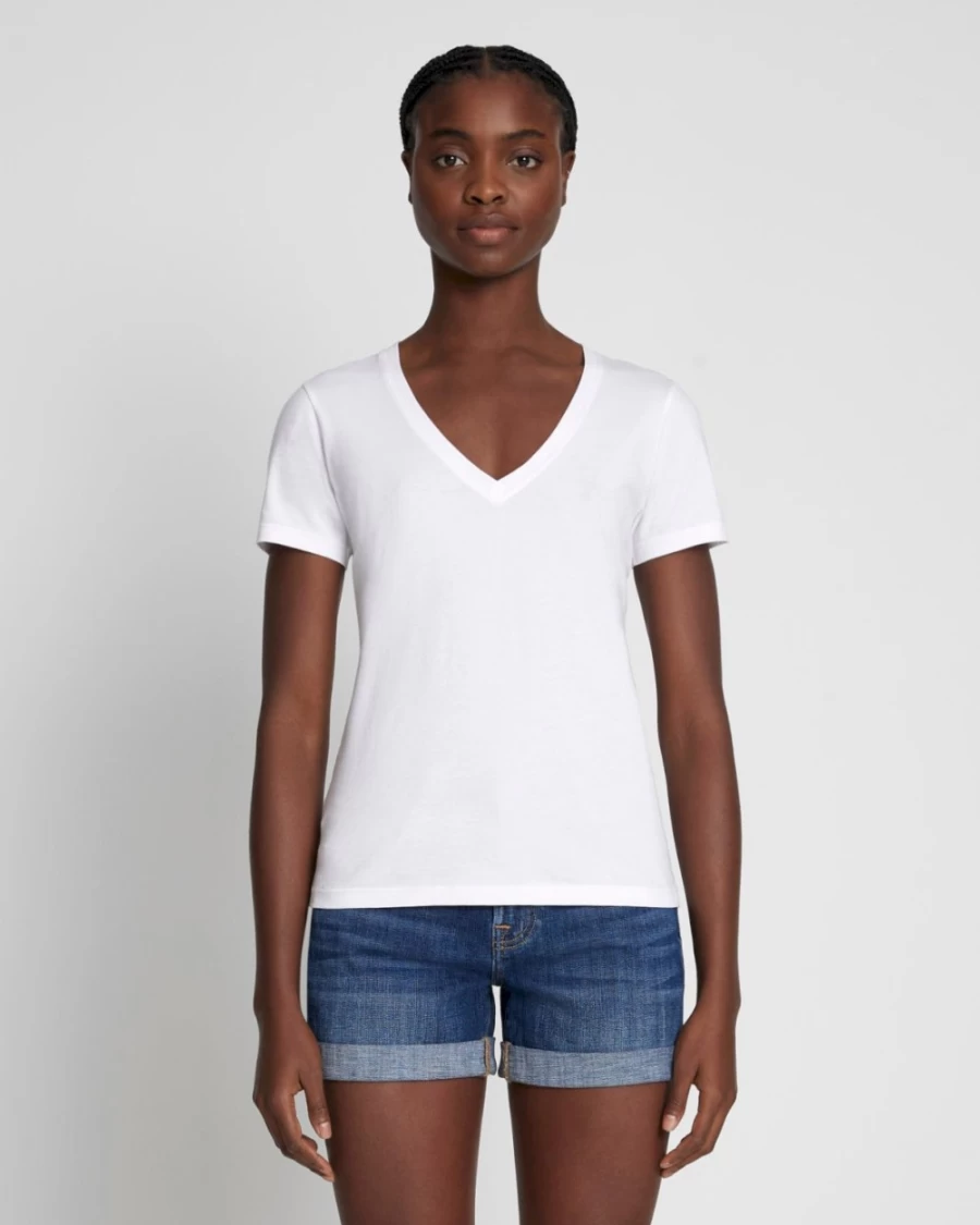 7 For All Mankind Women's Pima Cotton V-Neck T-Shirt in Optic White - Soft Comfortable Basic Tee