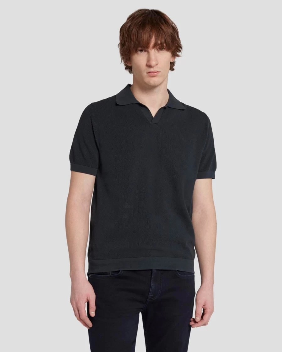 7 For All Mankind Men's Textured Naval Blue Sweater Polo - Casual Knit Top