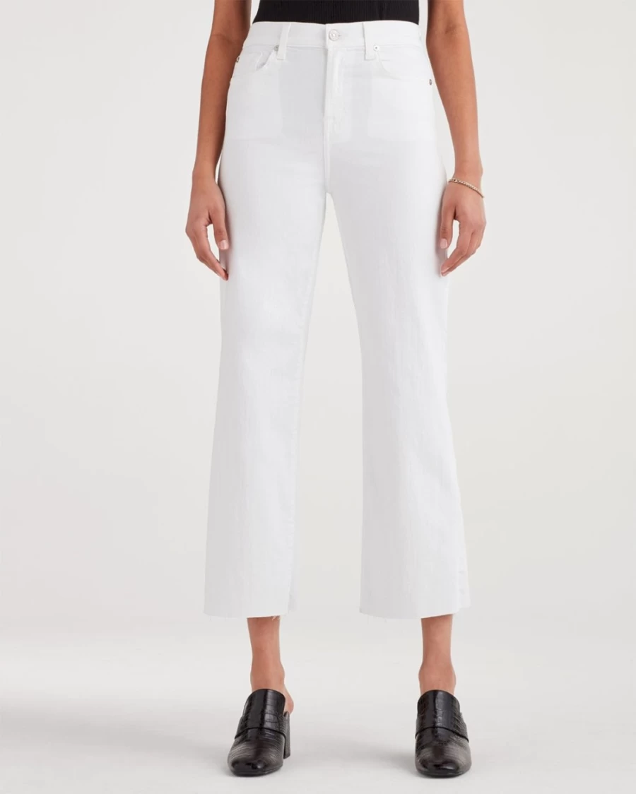 7 For All Mankind Women's White Cropped Alexa Jeans with Cut-Off Hem Runway Style