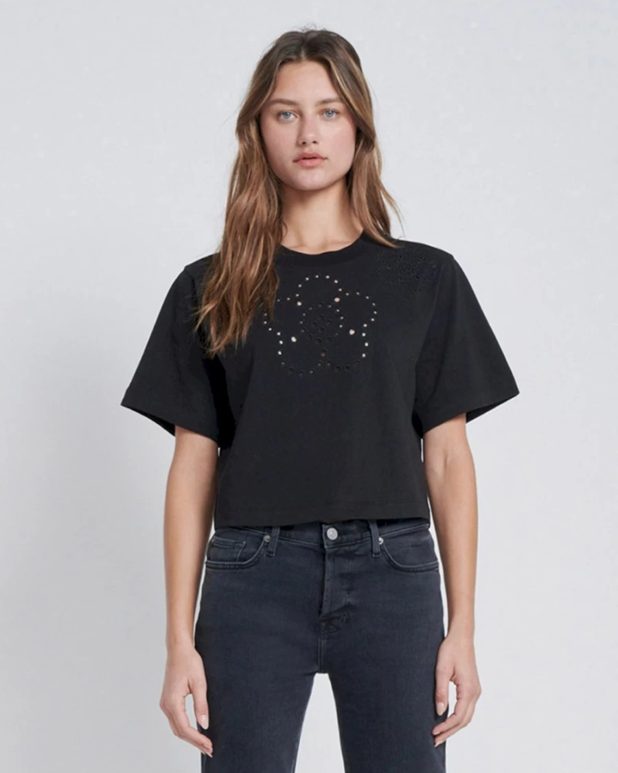 7 For All Mankind Women's Eyelet Detail Jet Black Girlfriend T-Shirt