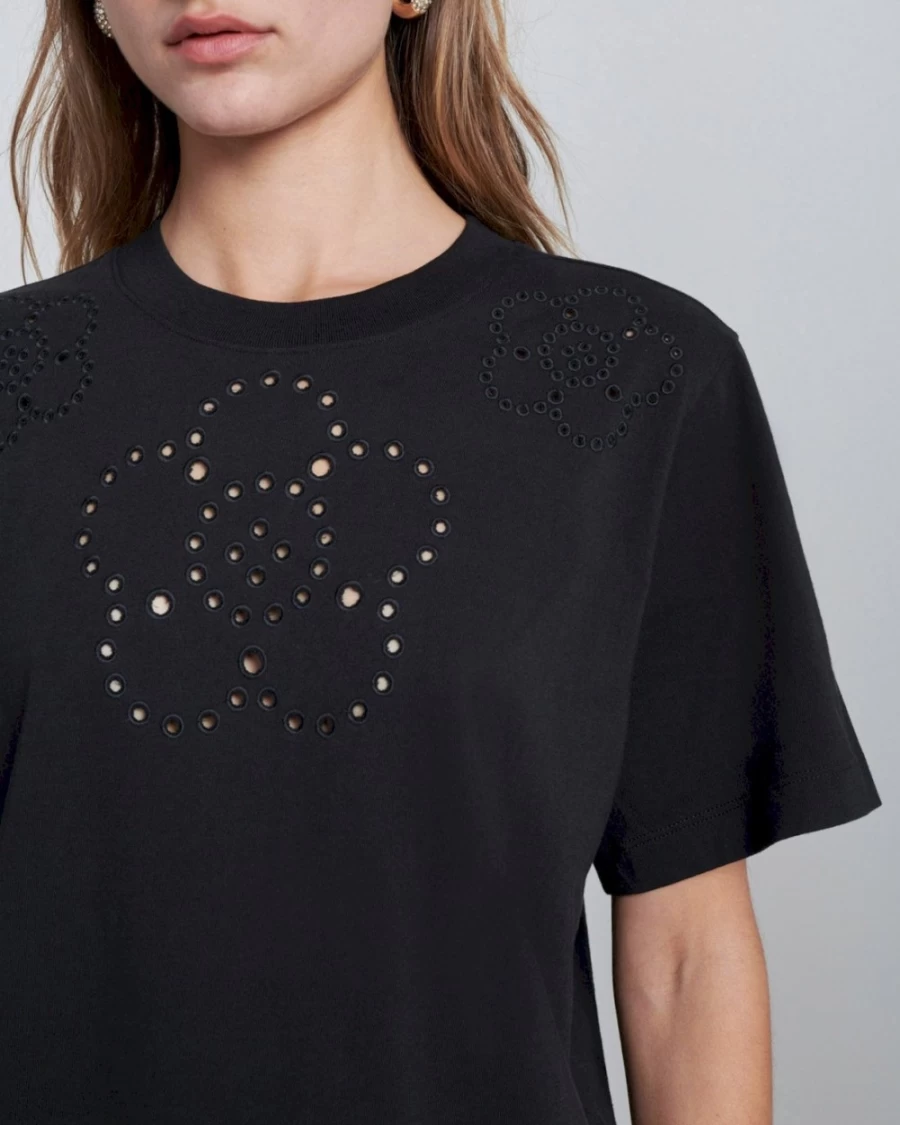 7 For All Mankind Women's Eyelet Detail Jet Black Girlfriend T-Shirt