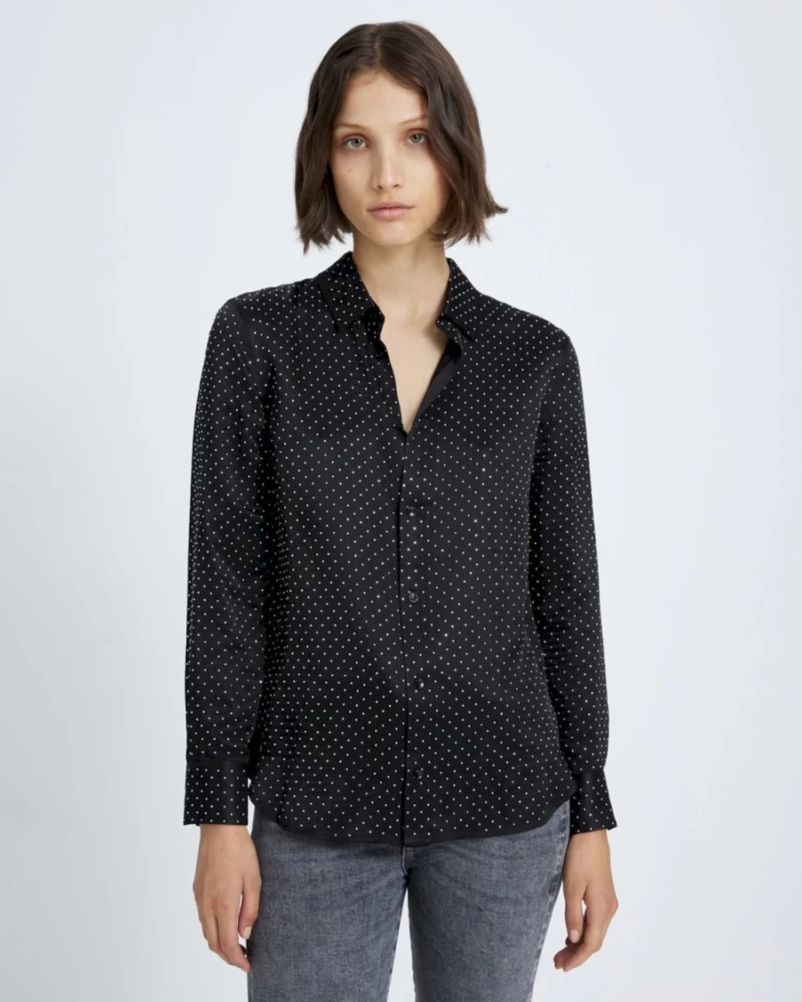 7 For All Mankind Women's Black Silk Button-Up Shirt with High Shine Finish
