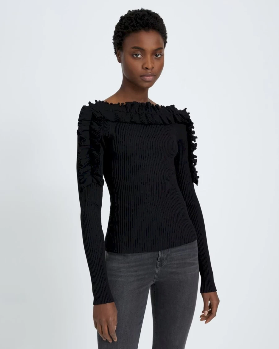 7 For All Mankind Women's Black Long Sleeve Ruffle Blouse