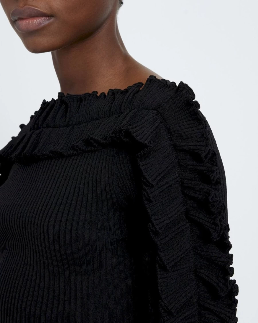 7 For All Mankind Women's Black Long Sleeve Ruffle Blouse