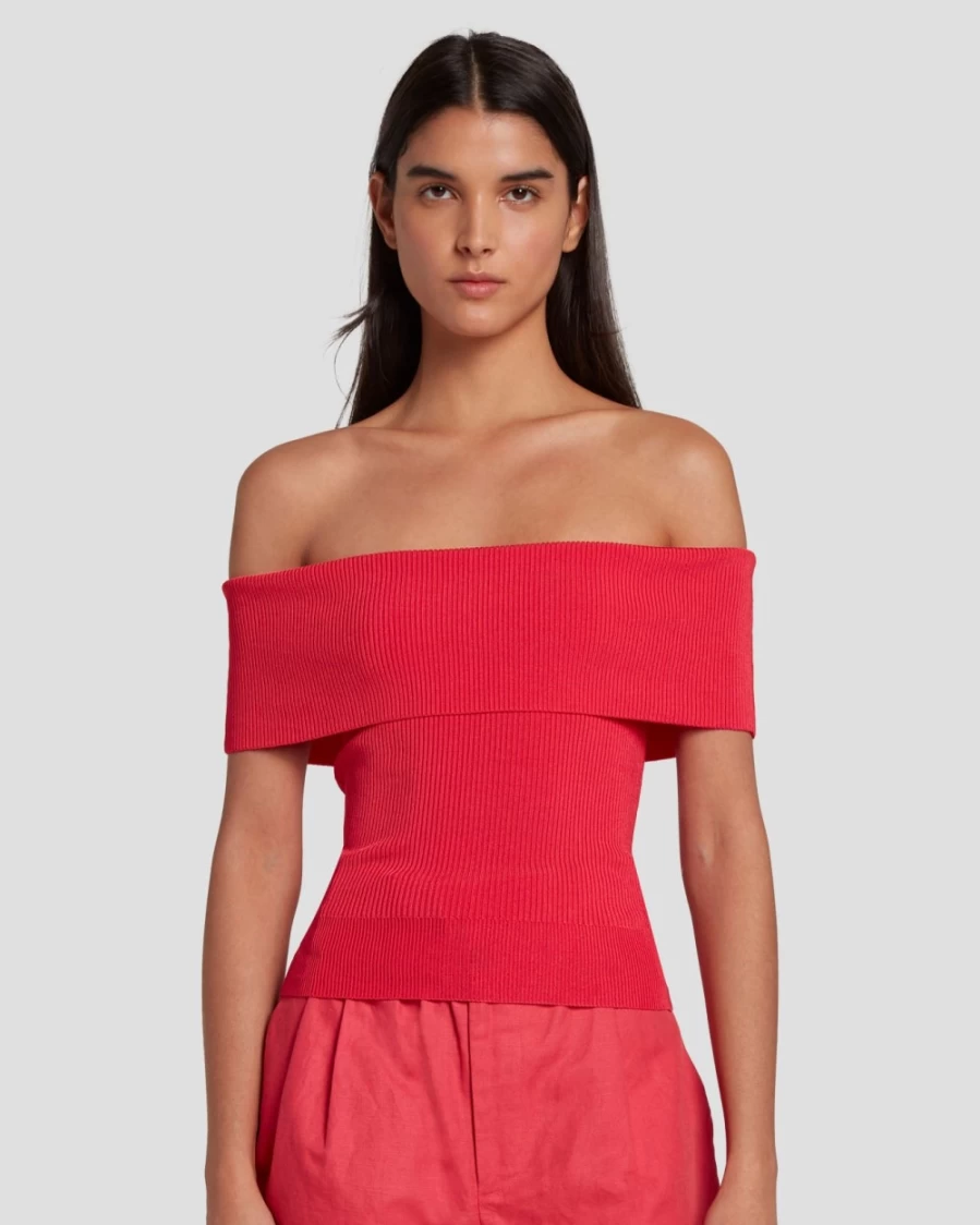 7 For All Mankind Women's Off The Shoulder Ribbed Top In Geranium - Stretch Knit Casual Blouse