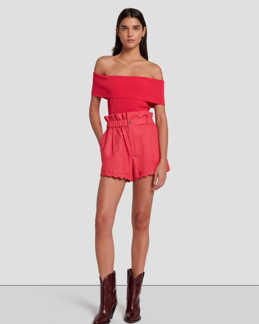 7 For All Mankind Women's Off The Shoulder Ribbed Top In Geranium - Stretch Knit Casual Blouse