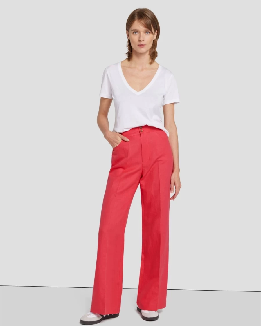7 For All Mankind Women's Modern Dojo Linen Pants in Geranium - High-Waisted Wide Leg Trousers