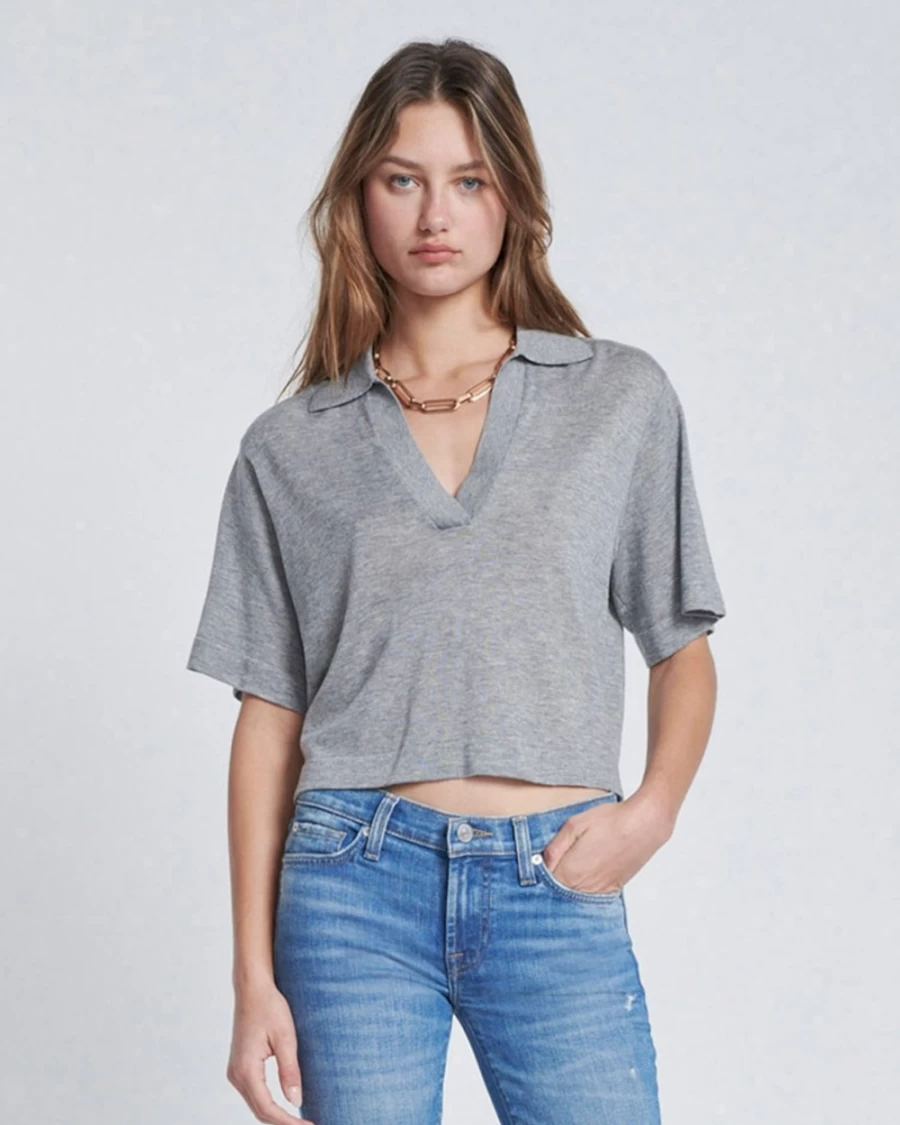 7 For All Mankind Women's Gray Heather Cropped Polo Shirt