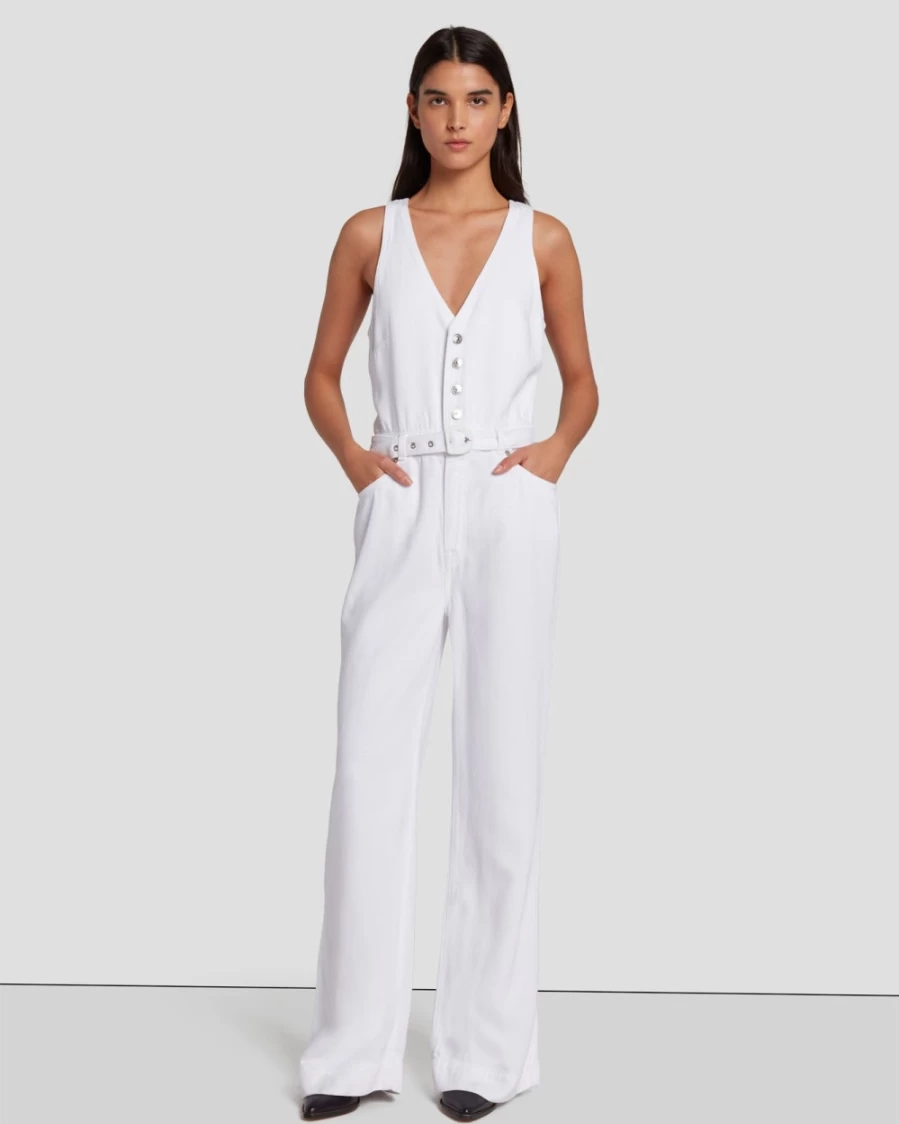 7 For All Mankind Women's Brilliant White Denim Wide Leg Tailored Jumpsuit - Luxe Fit