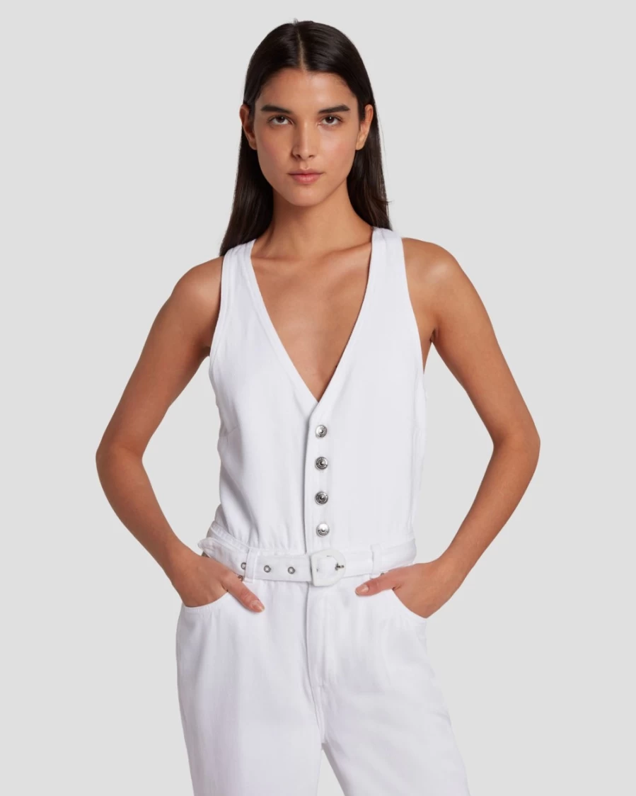 7 For All Mankind Women's Brilliant White Denim Wide Leg Tailored Jumpsuit - Luxe Fit