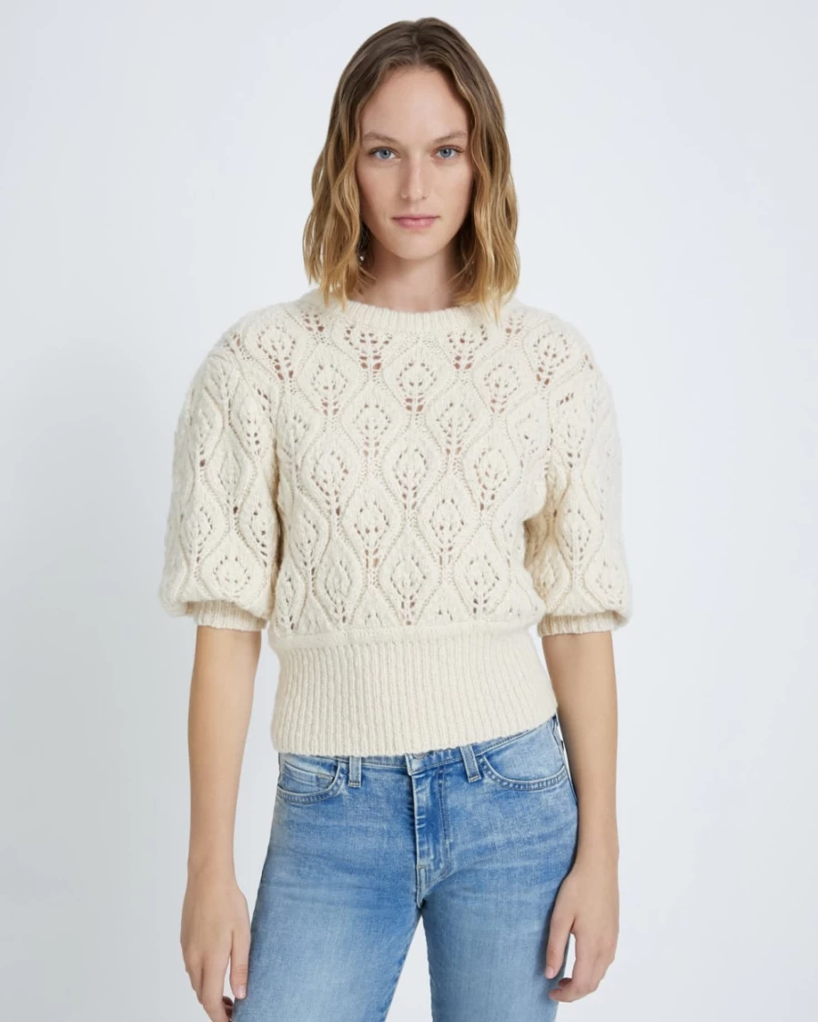 7 For All Mankind Women's Cream Pointelle Knit Sweater