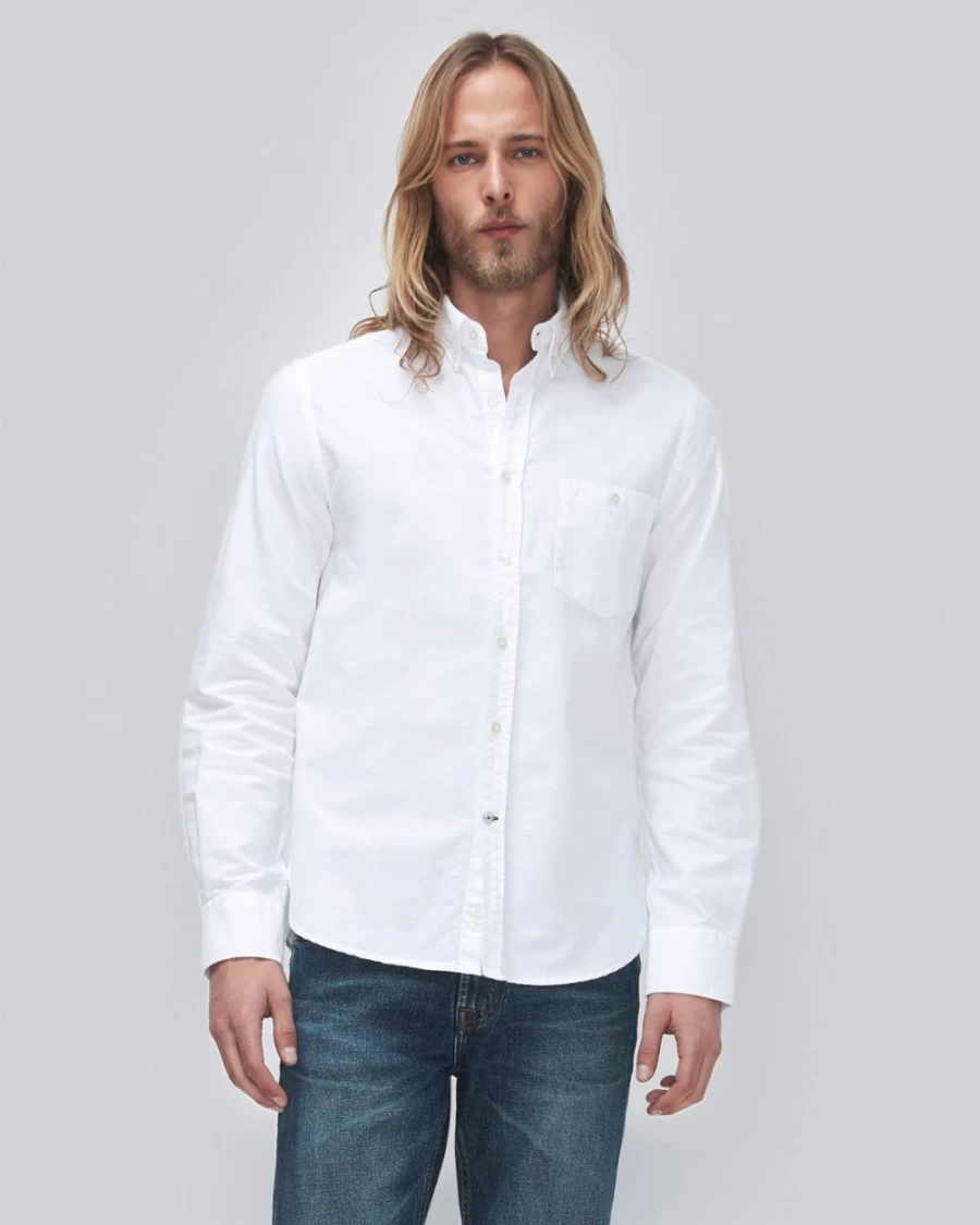 7 For All Mankind Men's Oxford Shirt - Classic White Button-Down Casual Dress Shirt