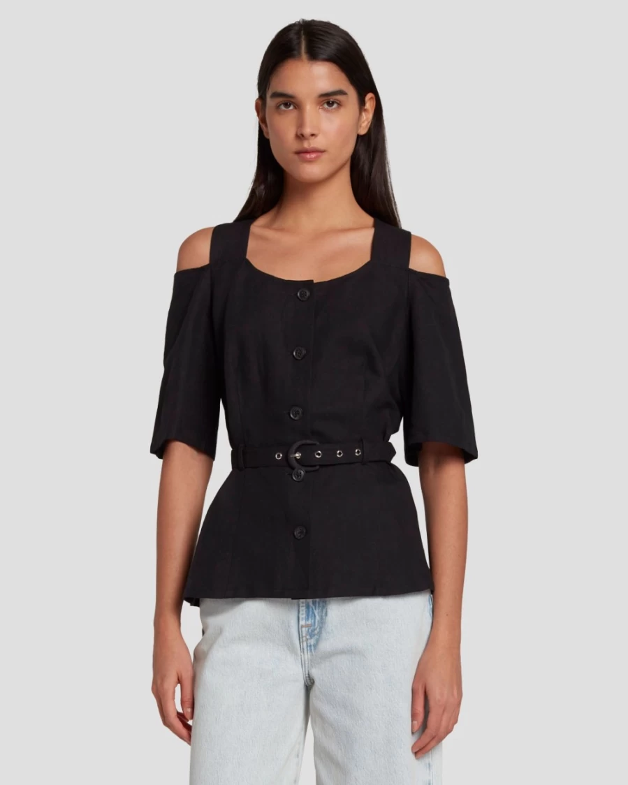 7 For All Mankind Women's Black Tailored Off-The-Shoulder Top