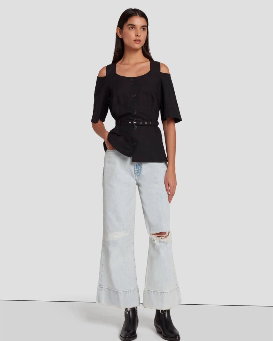 7 For All Mankind Women's Black Tailored Off-The-Shoulder Top