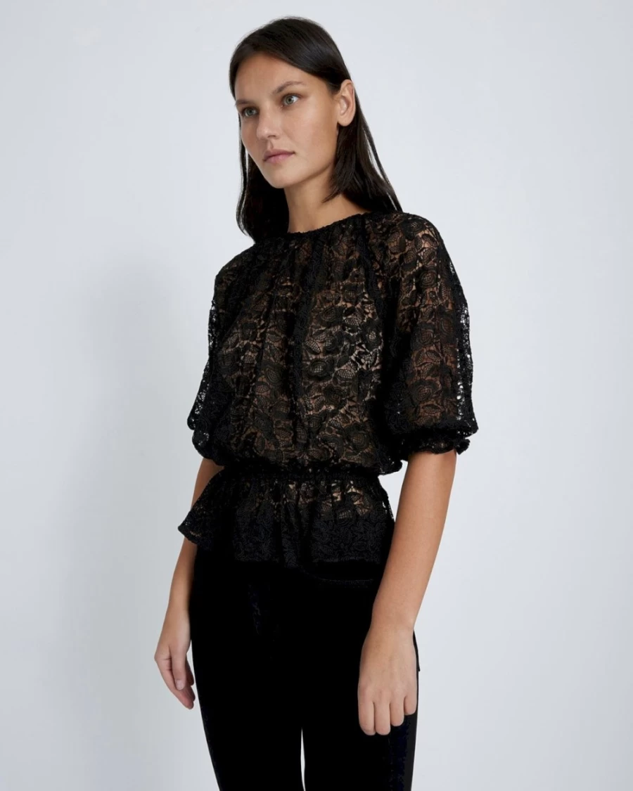 7 For All Mankind Women's Soft Volume Lace Black Top