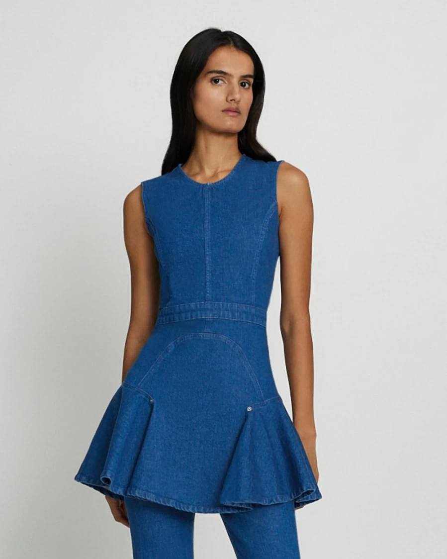 7 For All Mankind Women's Aquamarine Denim Flounce Mini Dress