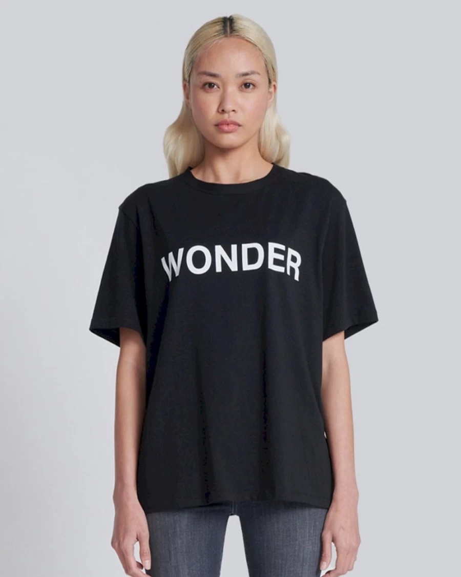 7 For All Mankind Women's Wonder Graphic Tee - Black Casual Short Sleeve T-Shirt