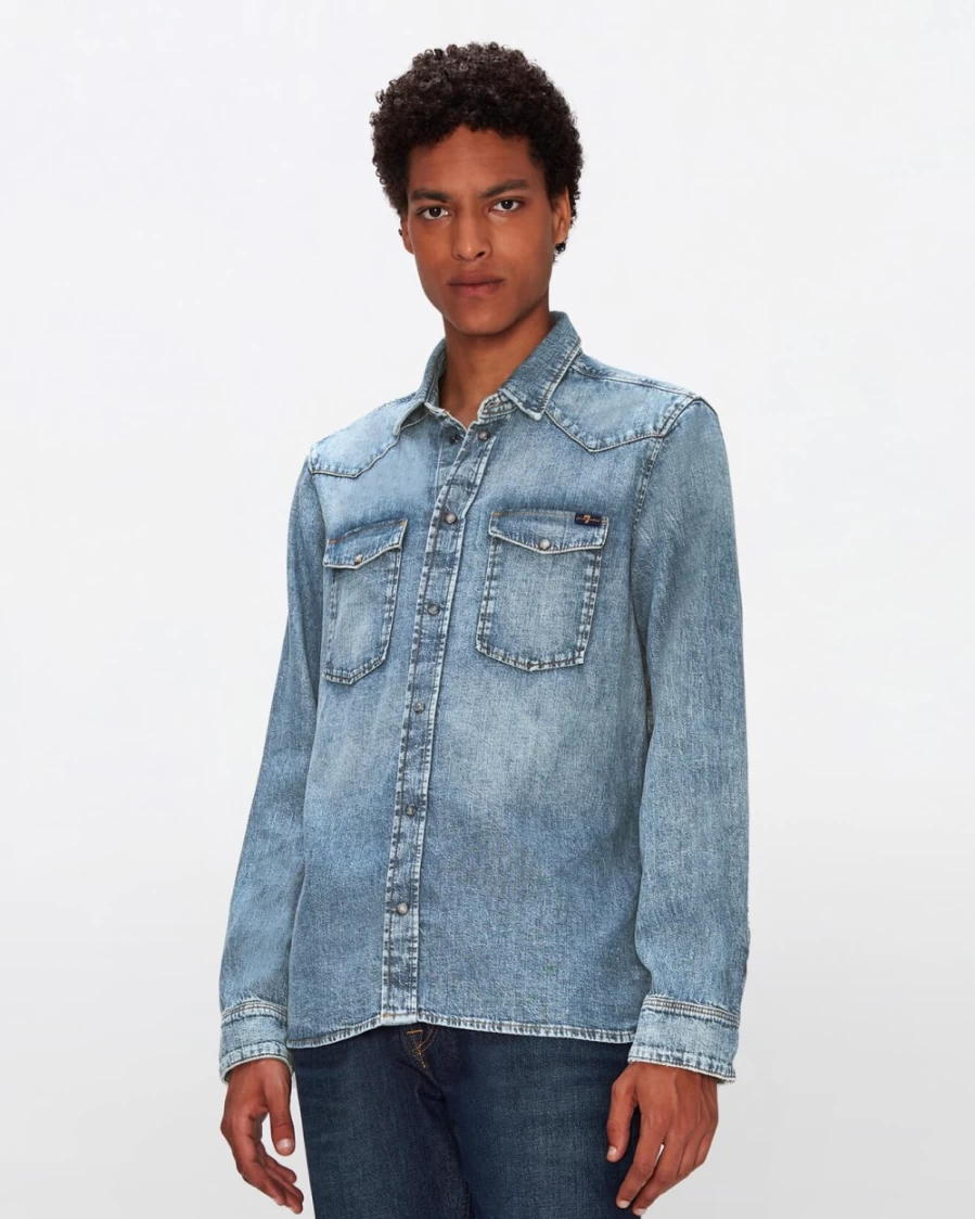 7 For All Mankind Men's Western Shirt - Waterfall Design Plaid Button-Up for Casual Wear