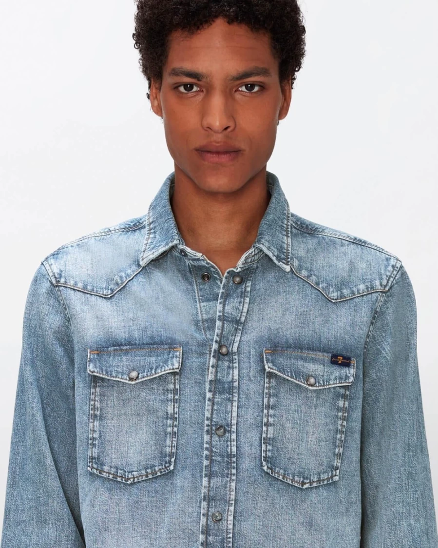 7 For All Mankind Men's Western Shirt - Waterfall Design Plaid Button-Up for Casual Wear