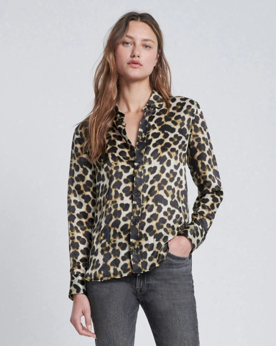 7 For All Mankind Women's Leopard Print Silk Button-Up Shirt
