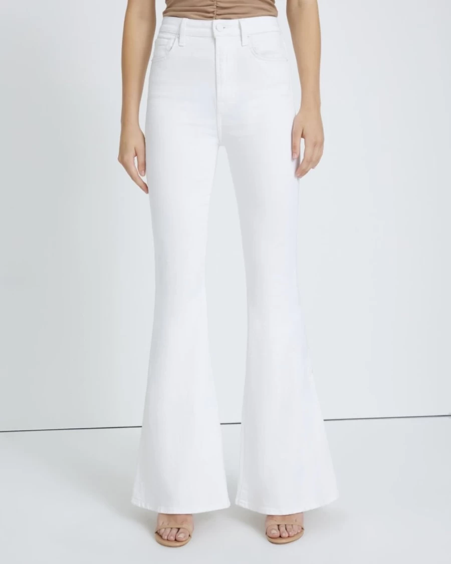 7 For All Mankind Women's Mega Flare Jeans in Clean White - High Waisted Wide Leg Denim