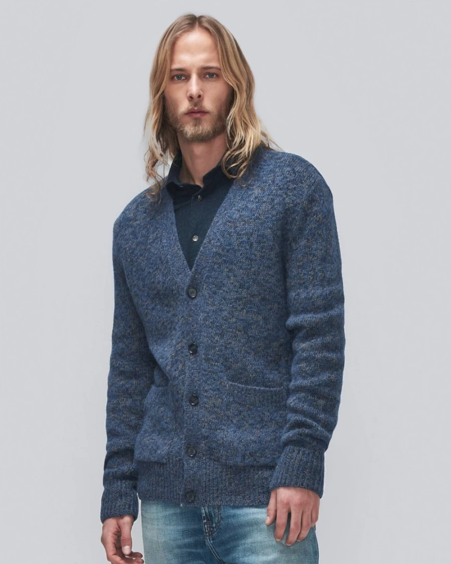 7 For All Mankind Men's Melange Blue Wool Cardigan Sweater