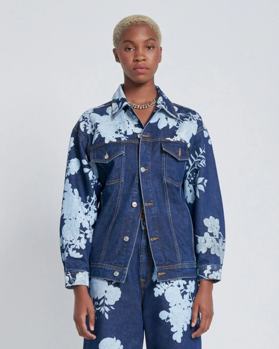 7 For All Mankind Women's Easy Trucker Jacket - Teaparty Floral Dark Vintage Denim