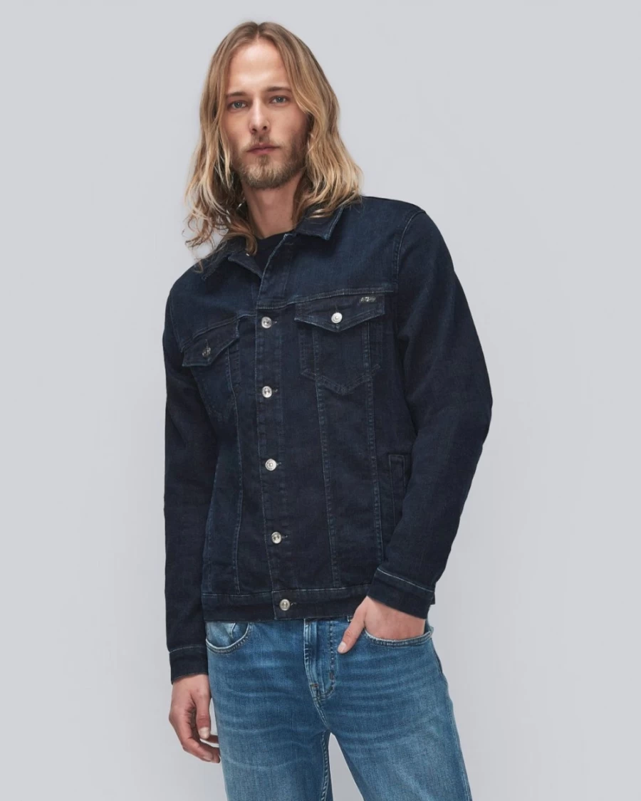 7 For All Mankind Men's Stretch Tek Perfect Trucker Jacket - Native Fit Denim Jacket