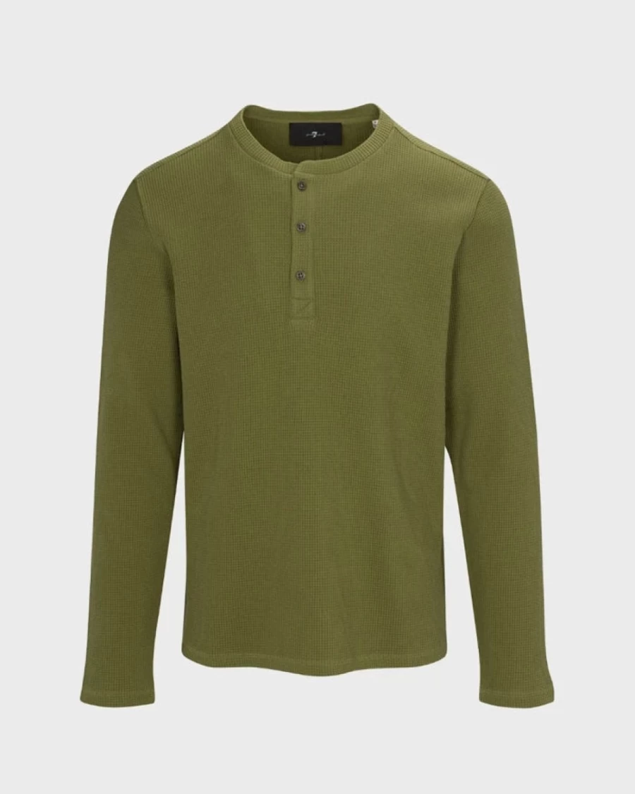 7 For All Mankind Men's Army Green Long Sleeve Henley Shirt