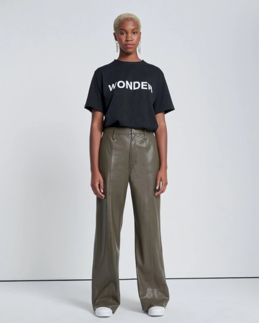 7 For All Mankind Women's Faux Leather Trousers in Deep Lichen - Stylish Vegan Leather Pants