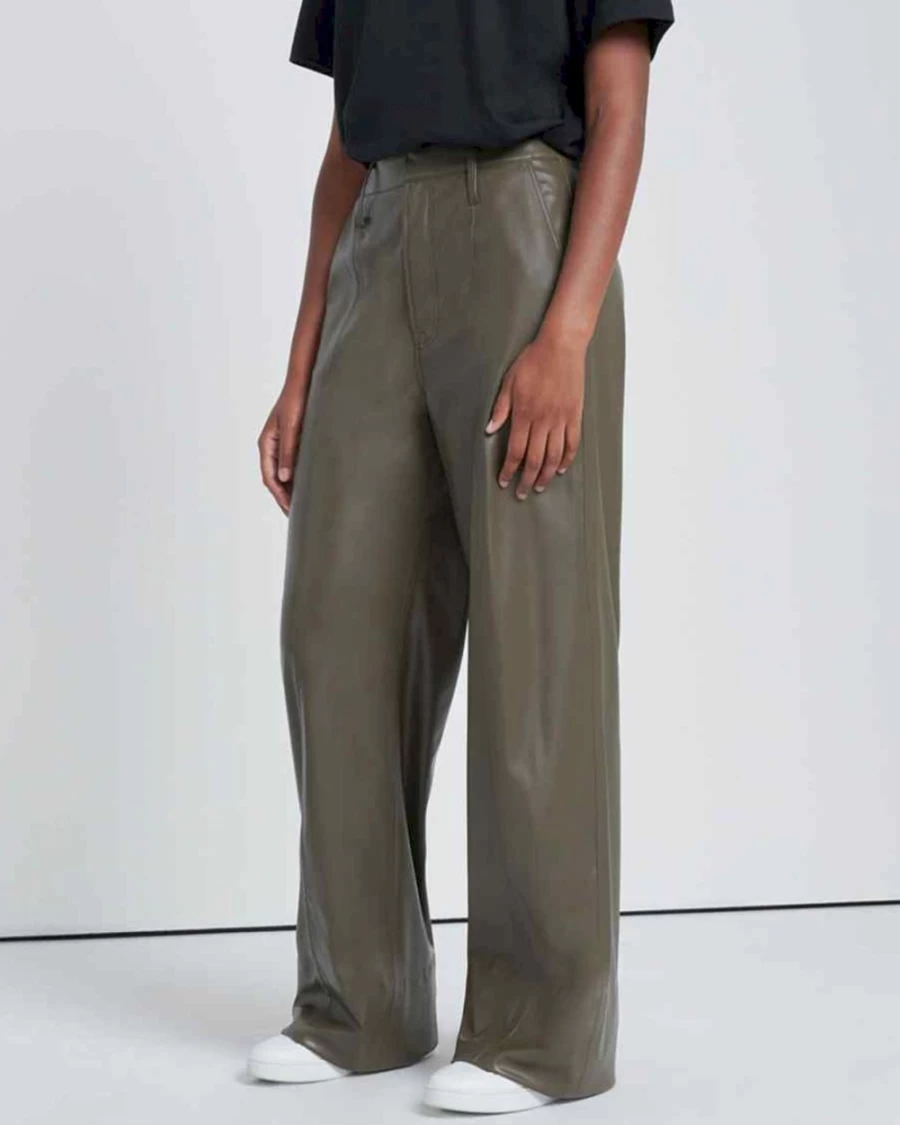 7 For All Mankind Women's Faux Leather Trousers in Deep Lichen - Stylish Vegan Leather Pants