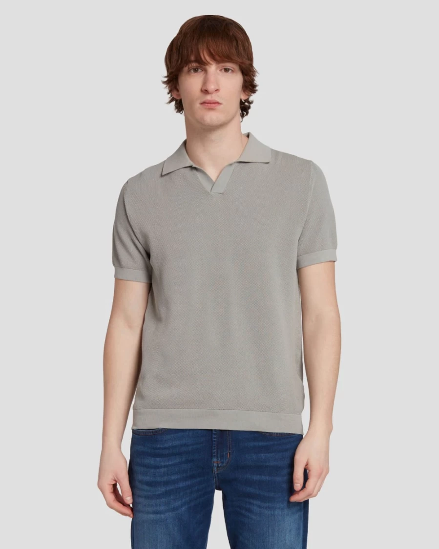 7 For All Mankind Men's Textured Cloudy Grey Sweater Polo - Casual Knit Top