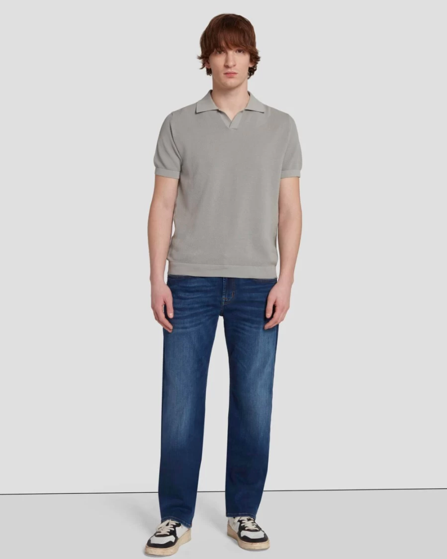7 For All Mankind Men's Textured Cloudy Grey Sweater Polo - Casual Knit Top