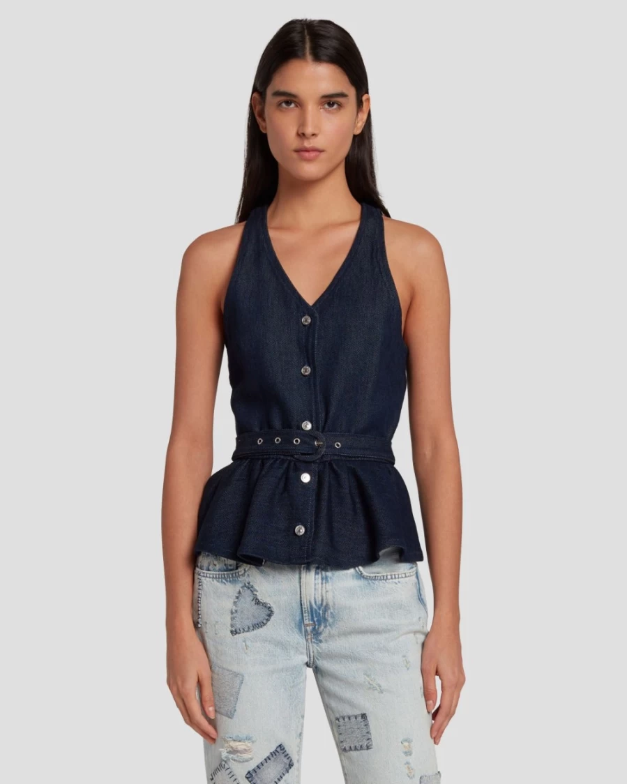 7 For All Mankind Women's Dark Rinse Denim Vest - Tailored Fit Lustre Finish