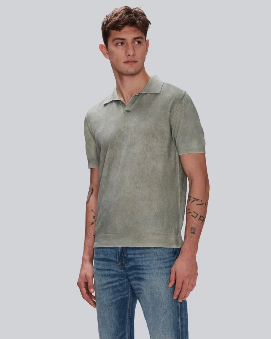 7 For All Mankind Men's Thyme Green Garment Washed Cotton Polo Shirt