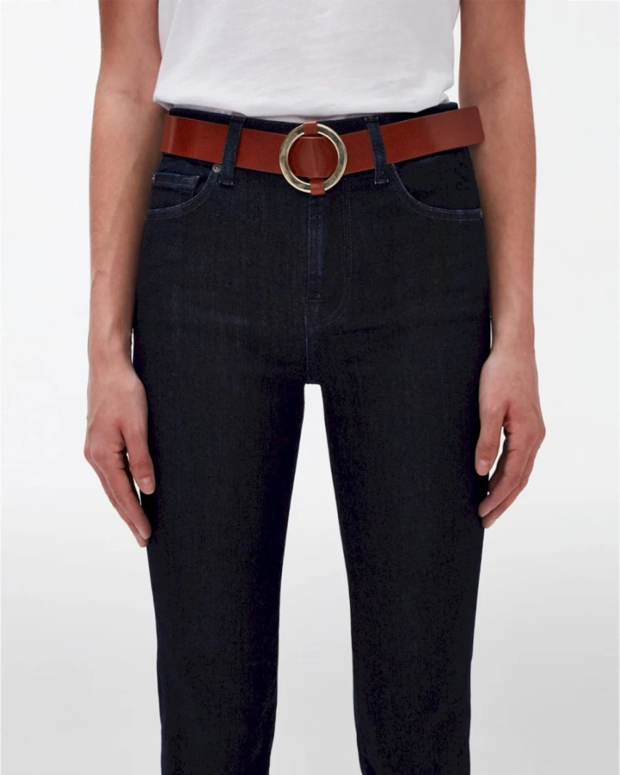 7 For All Mankind Women's Cognac Leather Belt with Ring Buckle