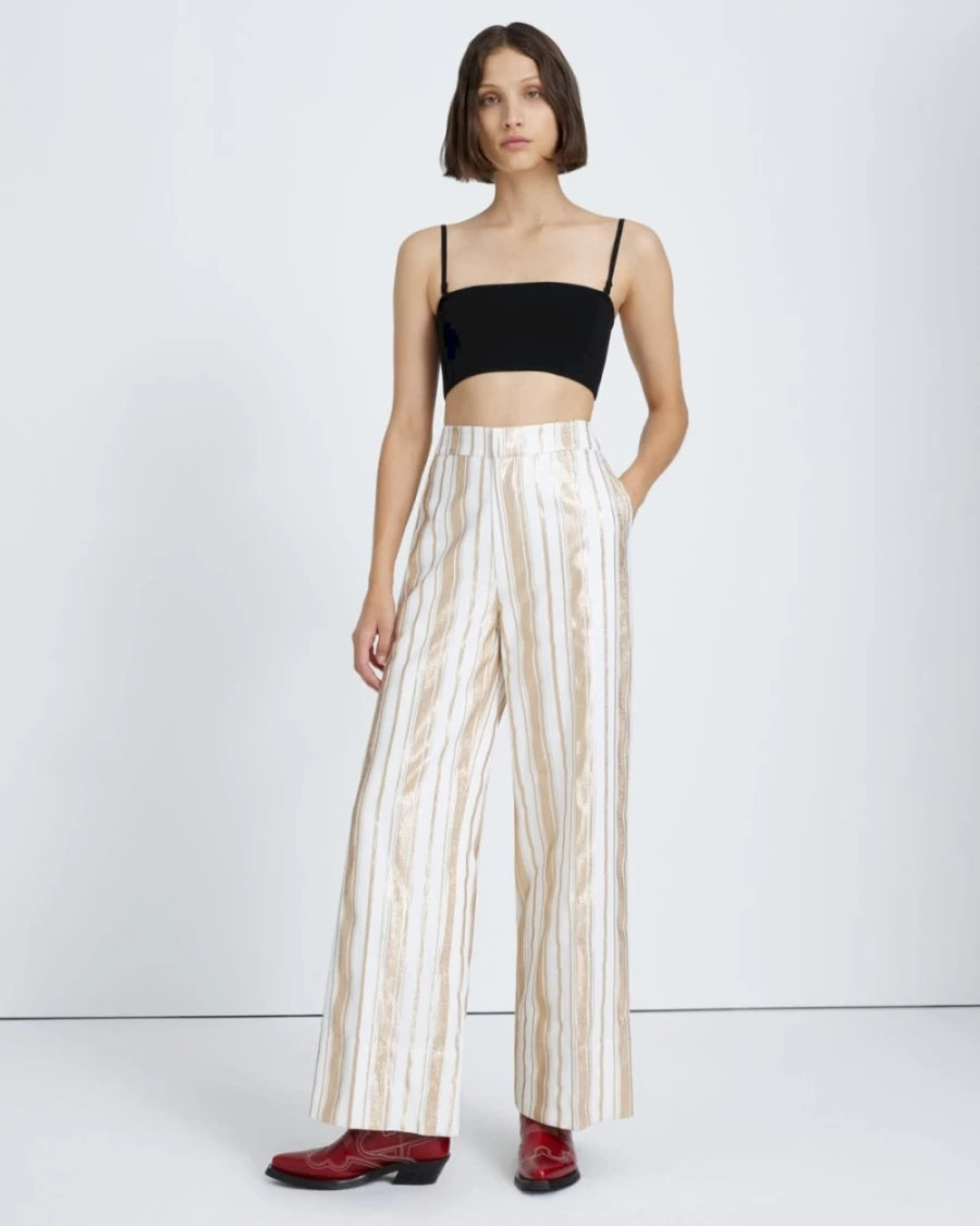 7 For All Mankind Women's Shine Cream & Gold Striped Trouser Pants