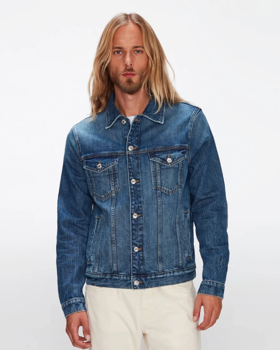 7 For All Mankind Men's Lagoon Blue Distressed Denim Trucker Jacket – Vintage Fit Casual Outerwear