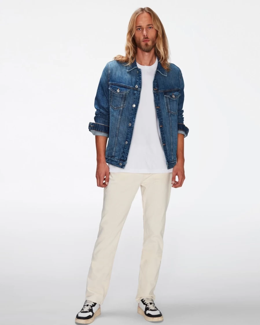 7 For All Mankind Men's Lagoon Blue Distressed Denim Trucker Jacket – Vintage Fit Casual Outerwear