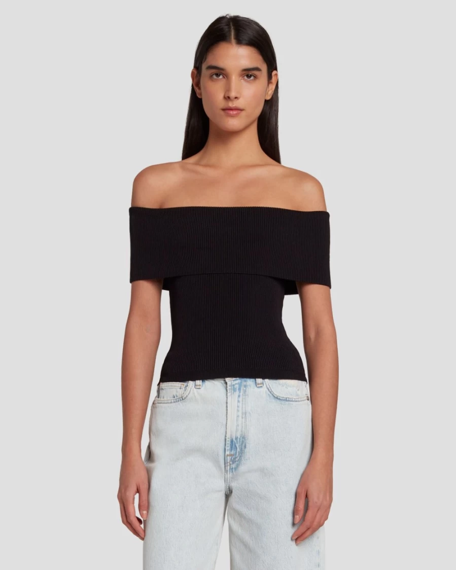 7 For All Mankind Women's Black Off The Shoulder Ribbed Knit Top