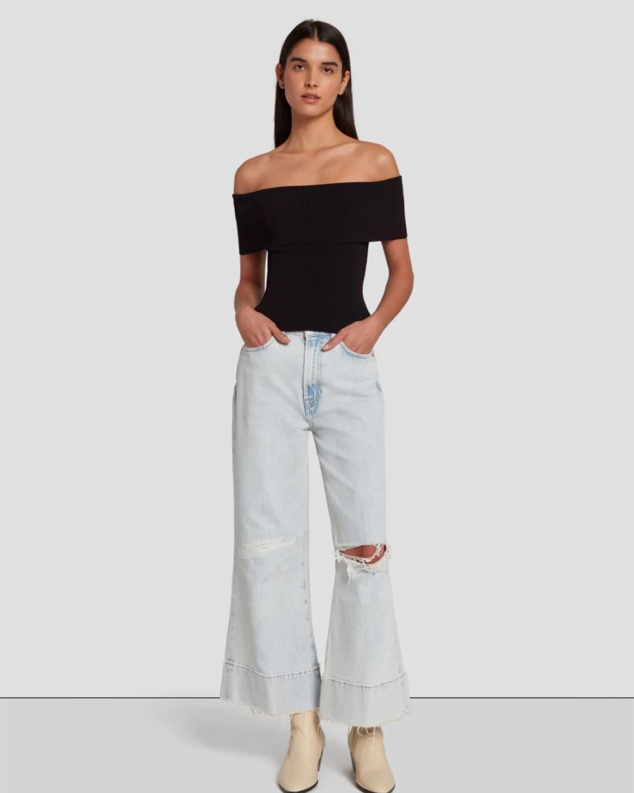 7 For All Mankind Women's Black Off The Shoulder Ribbed Knit Top