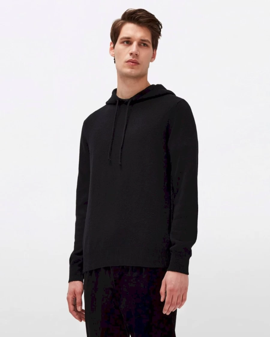 7 For All Mankind Men's Black Cashmere Hoodie - Premium Soft Pullover Sweatshirt