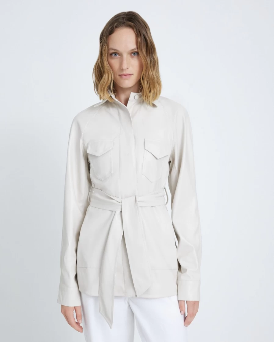 7 For All Mankind Women's Faux Leather Safari Jacket with Belt - Vintage White Outerwear Coat