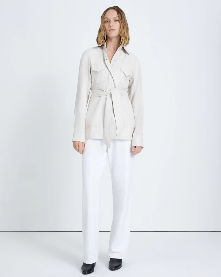 7 For All Mankind Women's Faux Leather Safari Jacket with Belt - Vintage White Outerwear Coat